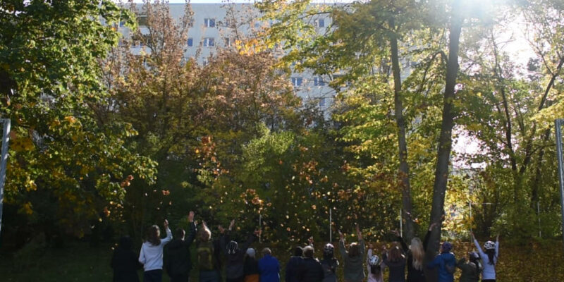 Viele Ferienkinder die Herbstblätter in die Luft werfen