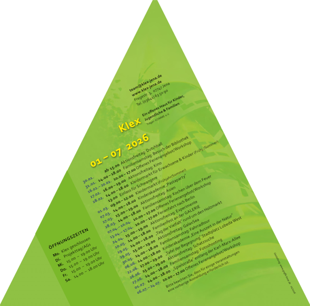 Rückseite des Flyers zum Programm des Klex